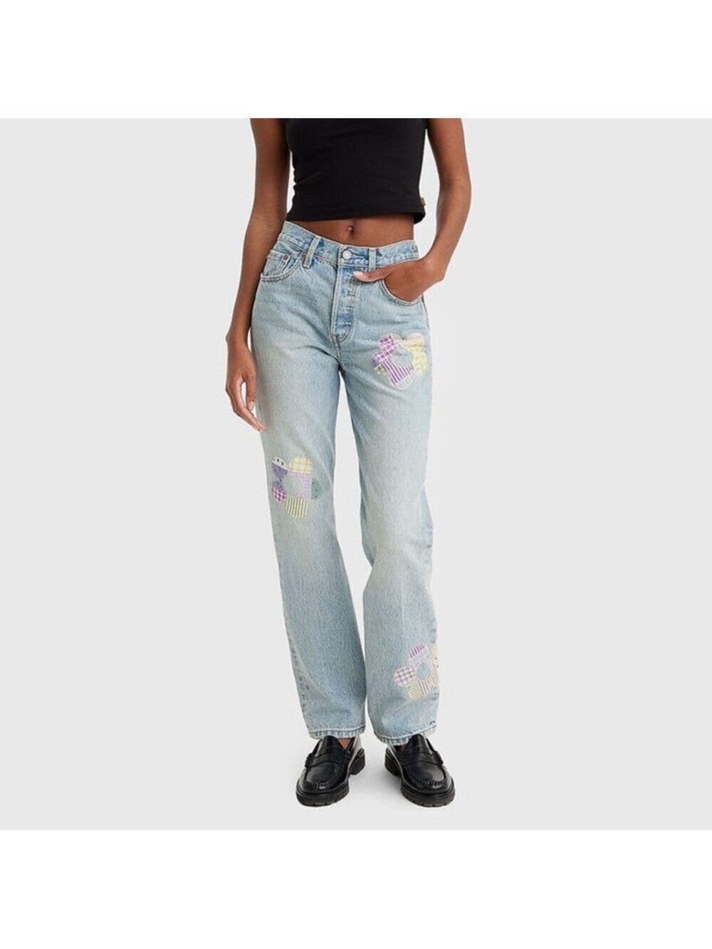 Levi's Light Blue Straight-Leg Jeans with Pastel Patch Hearts